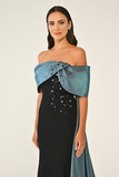Off-Shoulder Crepe Dress with Train and Top Accessories - Evening Gown Alfa Beta