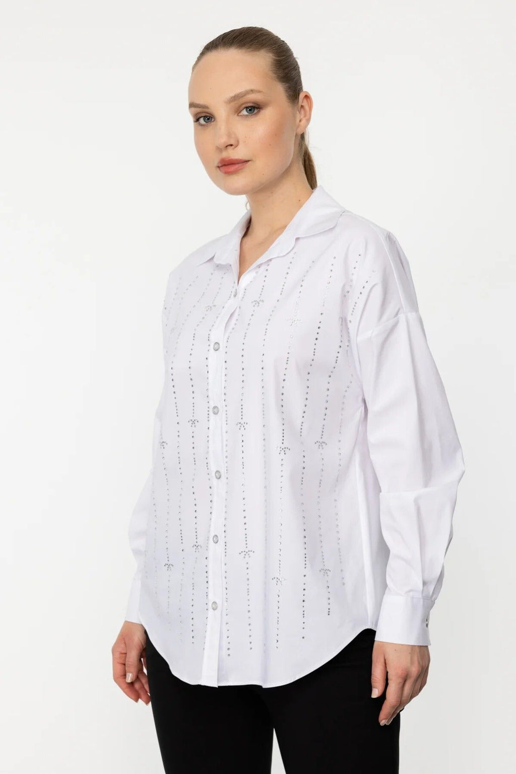 Ekol Oversize Gömlek Yaka Uzun Kollu Minimalist Kadın Bluz - Günlük & Şık