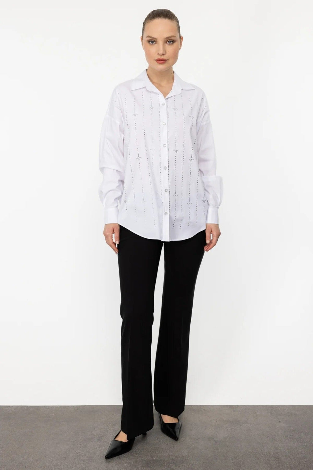 Ekol Oversize Gömlek Yaka Uzun Kollu Minimalist Kadın Bluz - Günlük & Şık
