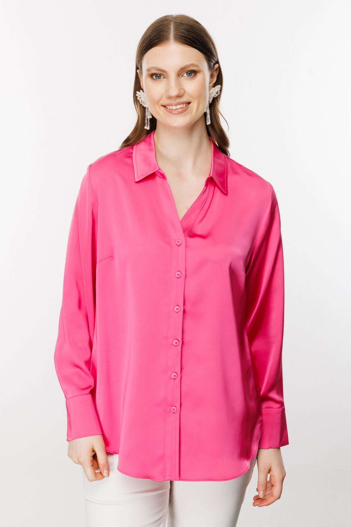 Ekol Oversize Minimalist Uzun Kol Saten Bluz - Gömlek Yaka