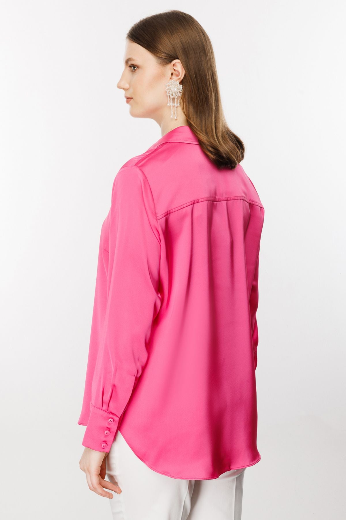 Ekol Oversize Minimalist Uzun Kol Saten Bluz - Gömlek Yaka