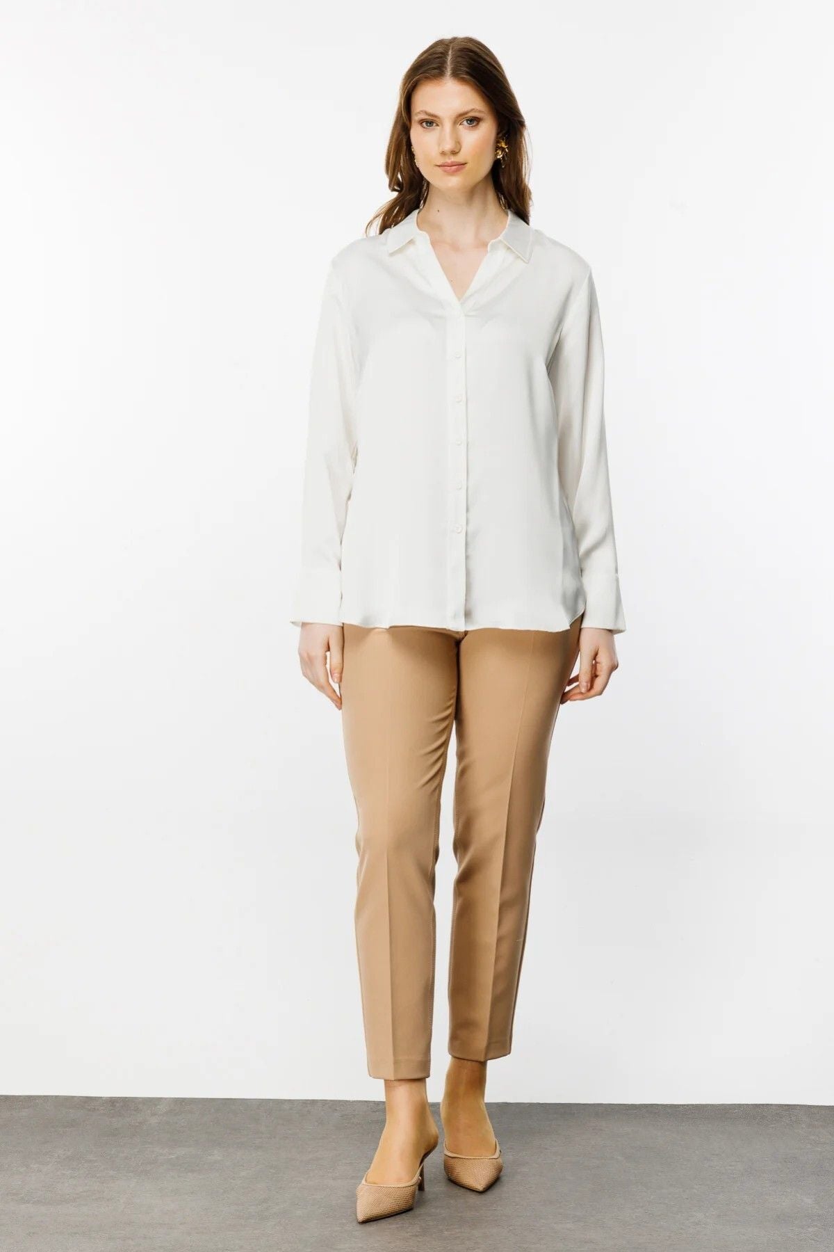 Ekol Oversize Minimalist Uzun Kol Saten Bluz - Gömlek Yaka