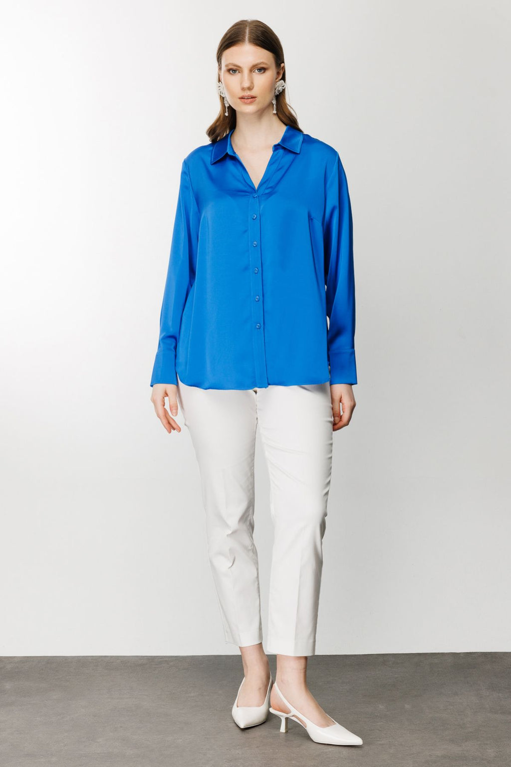 Ekol Oversize Minimalist Uzun Kol Saten Bluz - Gömlek Yaka