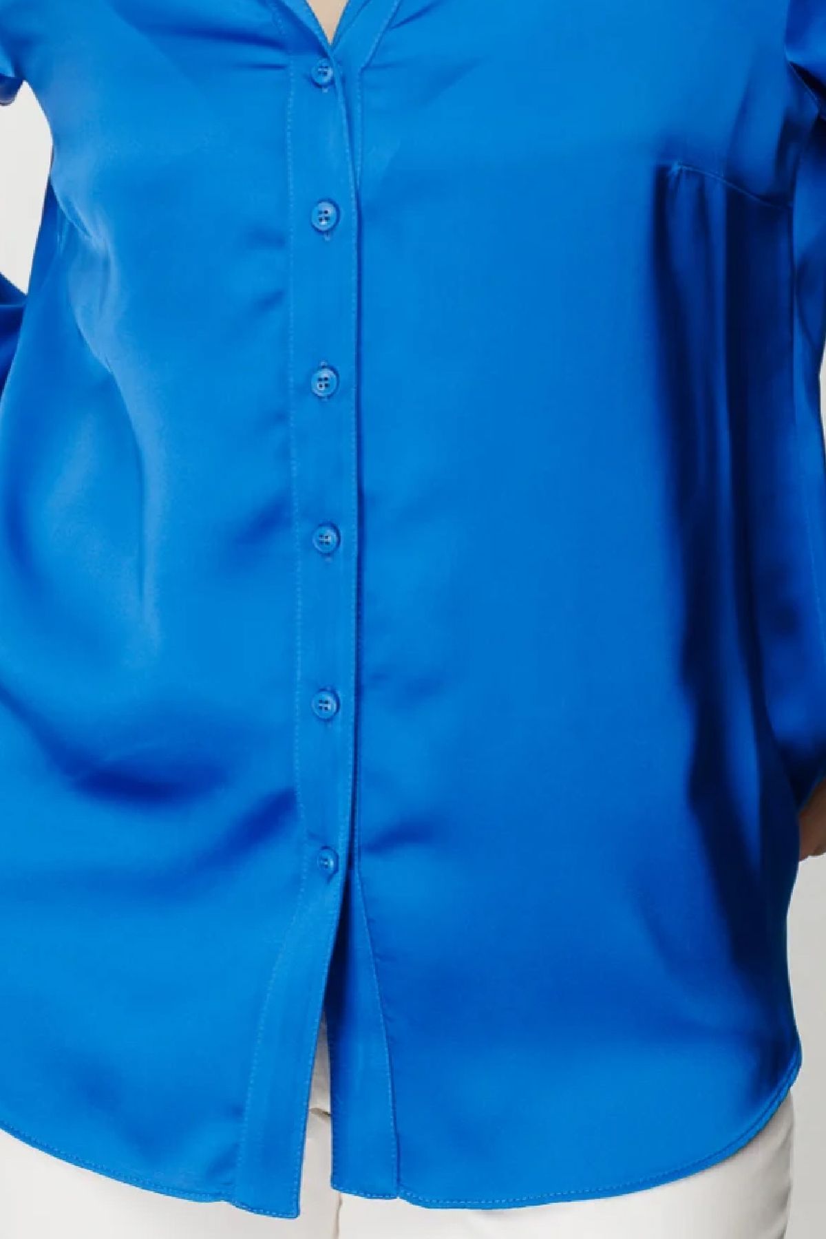 Ekol Oversize Minimalist Uzun Kol Saten Bluz - Gömlek Yaka