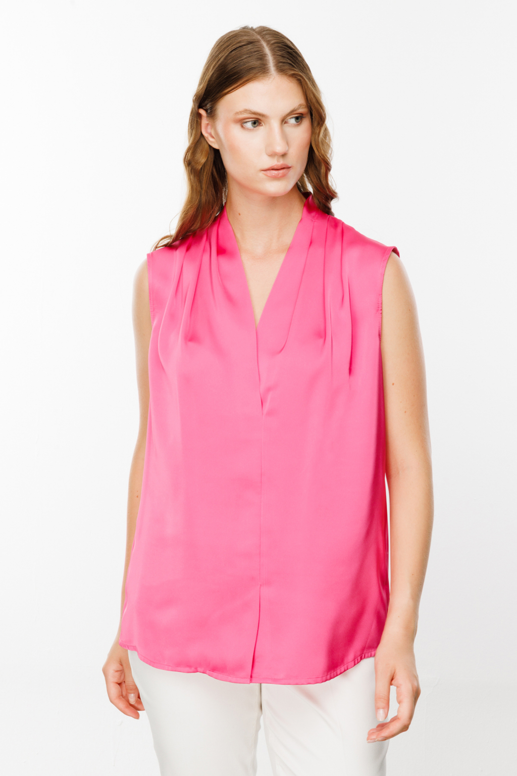 Ekol V Yaka Kolsuz Saten Bluz - Minimalist Stil
