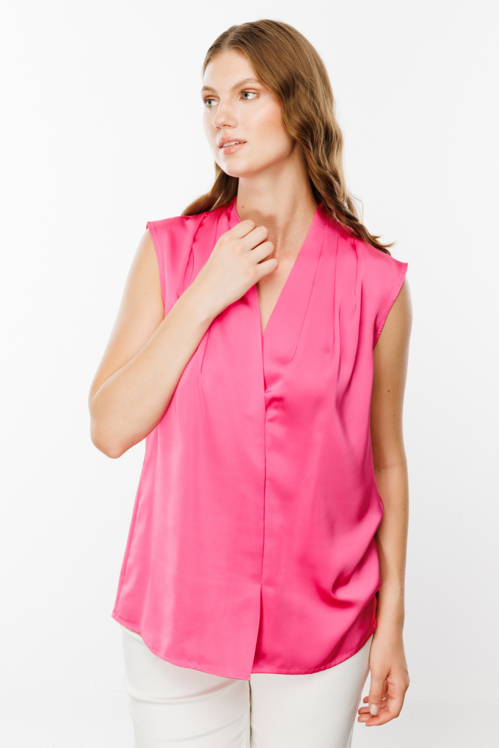 Ekol V Yaka Kolsuz Saten Bluz - Minimalist Stil