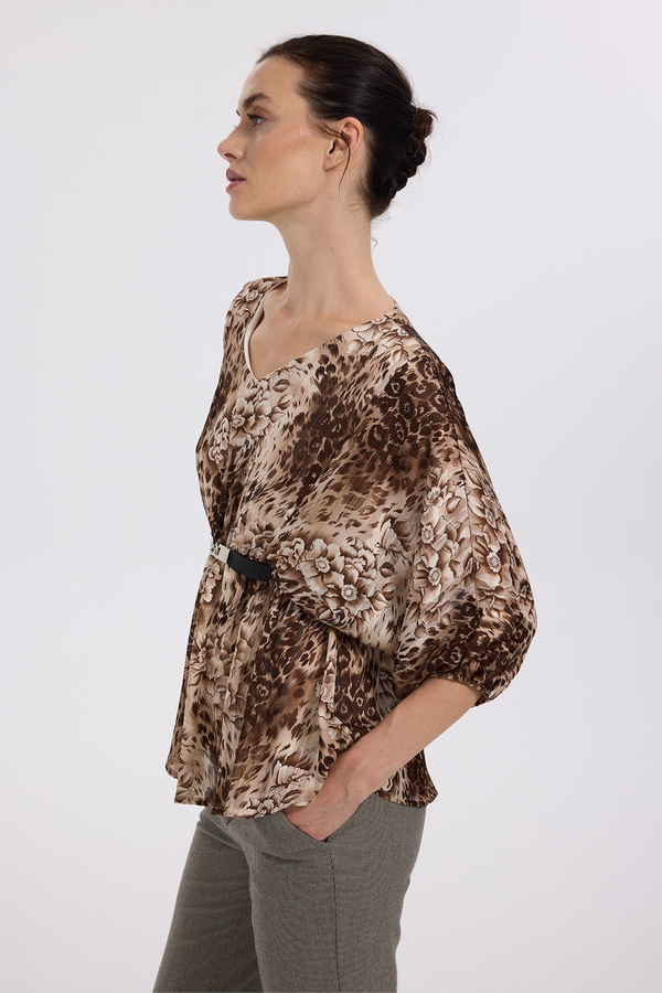 Ekol Oversize V Yaka Desenli Şifon Bluz - 3/4 Kol
