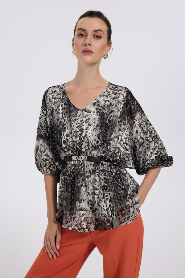 Ekol Oversize V Yaka Desenli Şifon Bluz - 3/4 Kol