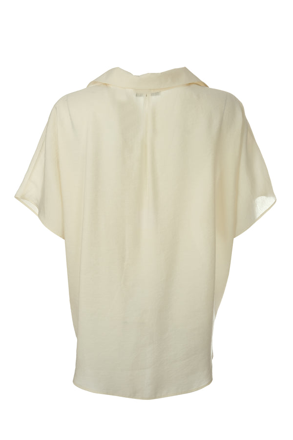 Ekol Oversize Kısa Kol V Yaka Saten Bluz - Minimalist Tarz