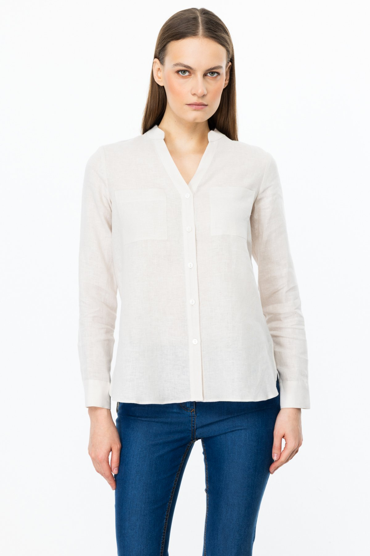 Ekol Hakim Yaka Düğmeli Keten Bluz