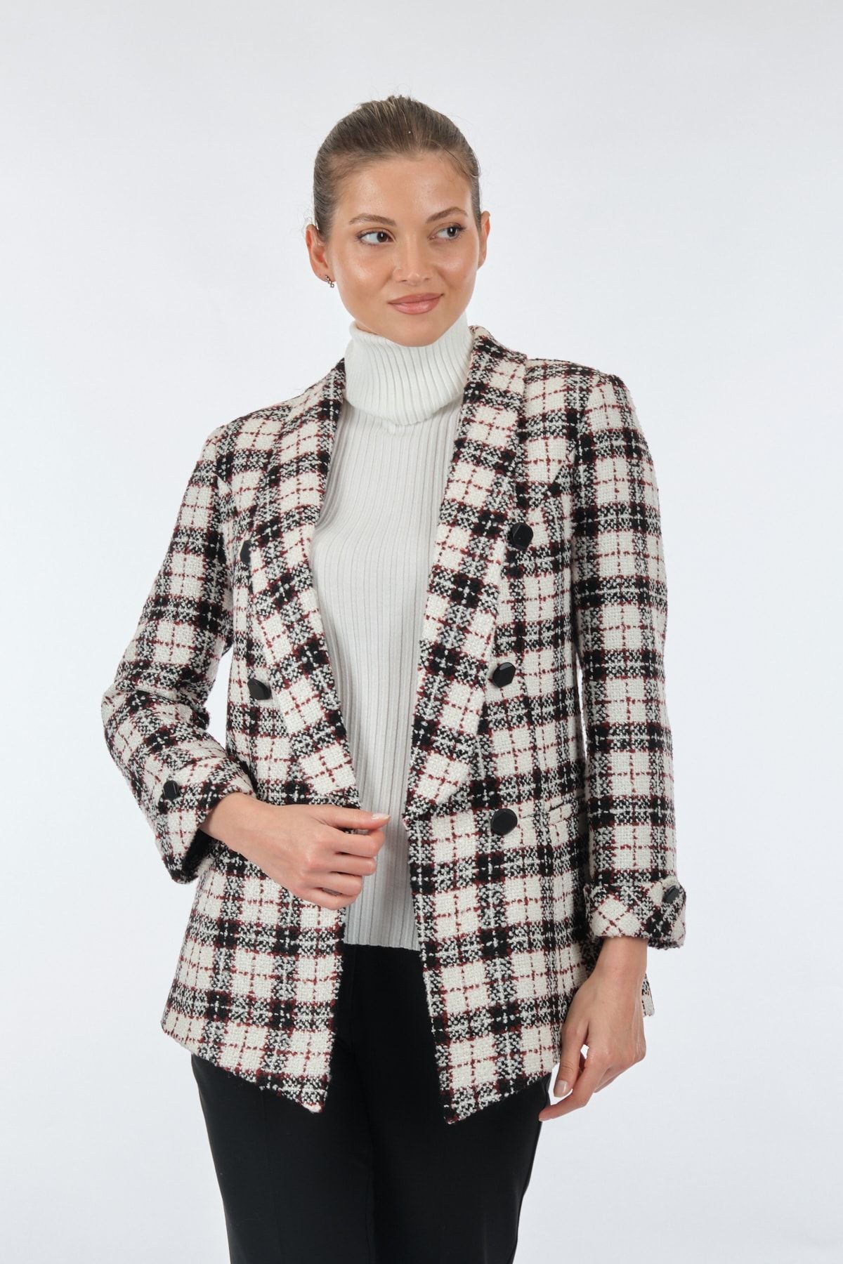Ekol Kadın Kareli Midi Blazer Ceket - Şık ve Rahat Main image