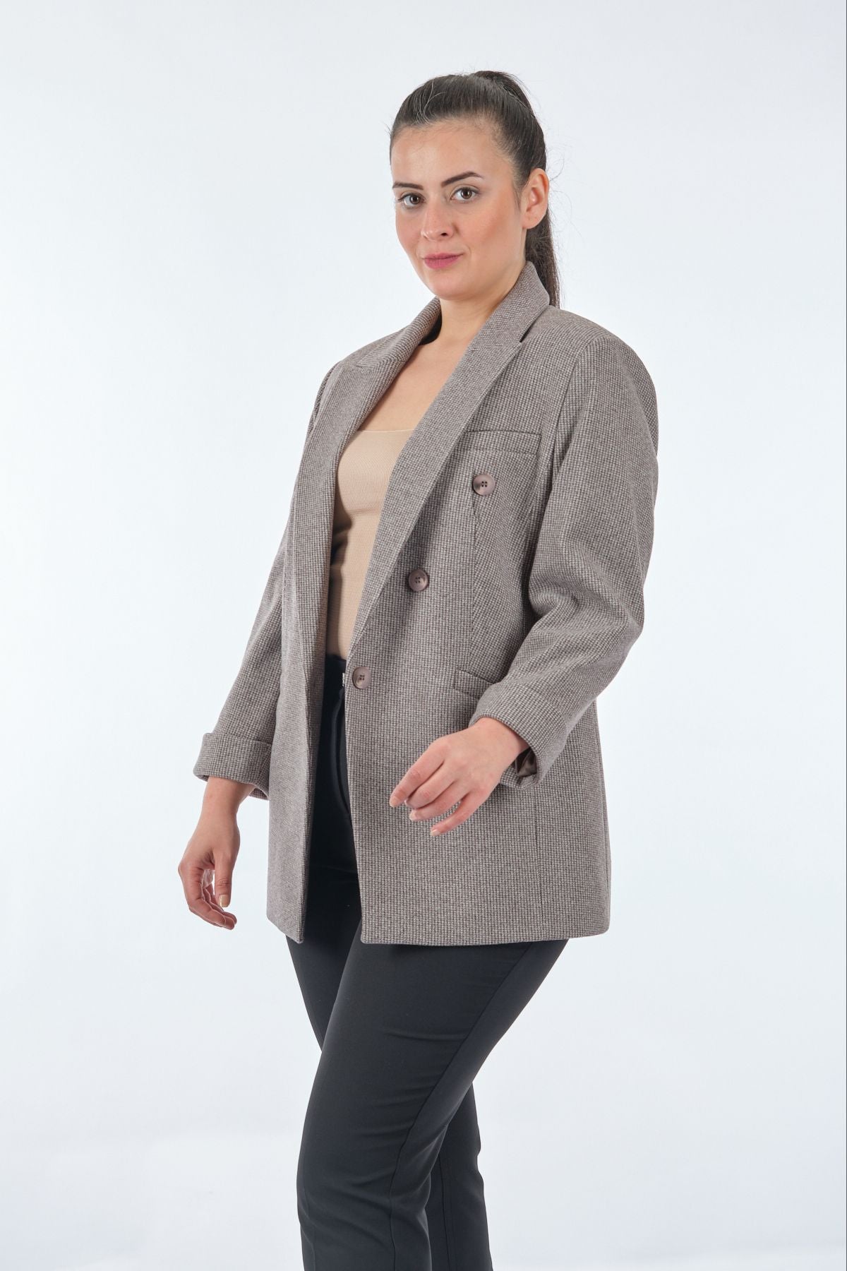 Ekol Oversize Minimalist Kadın Ceket - 3/4 Kol - Çift Sıralı