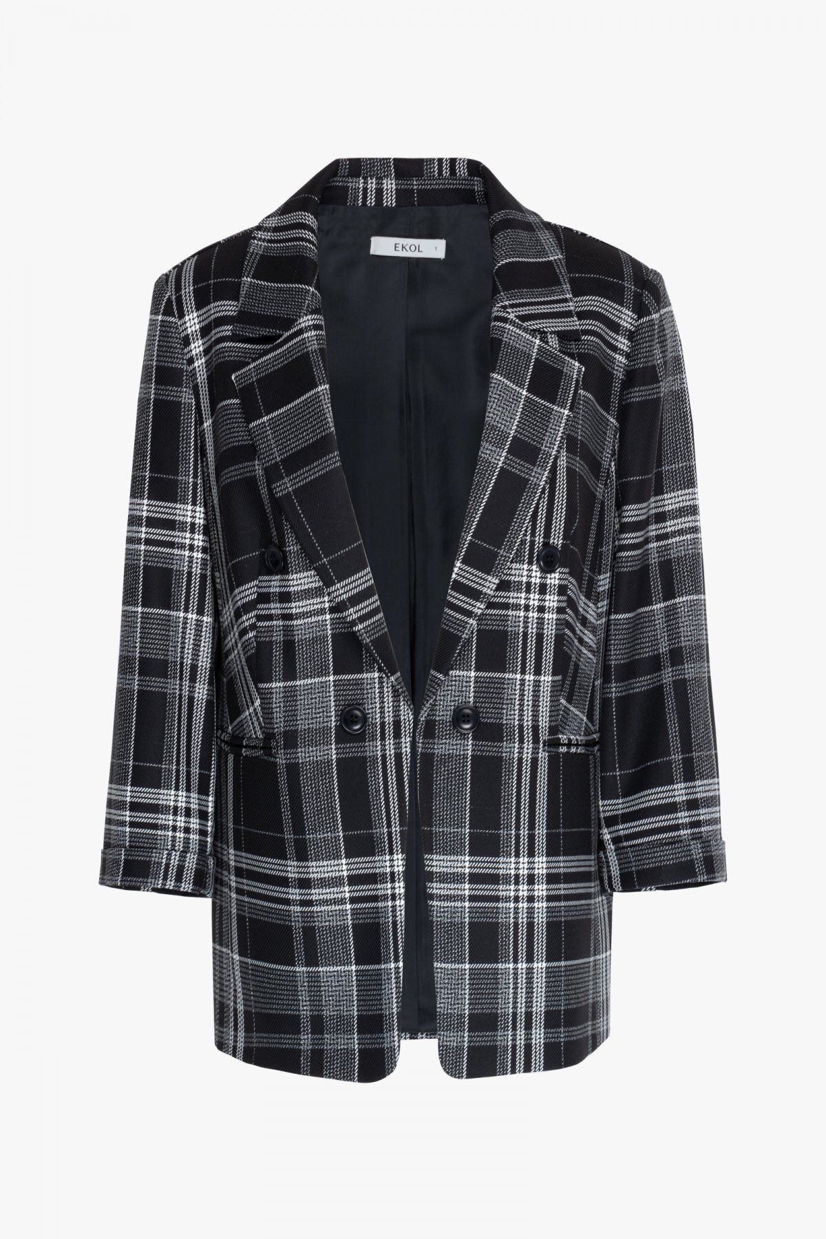Ekol Oversize Kareli 3/4 Kol Kadın Ceket - Minimalist Stil Secondary image