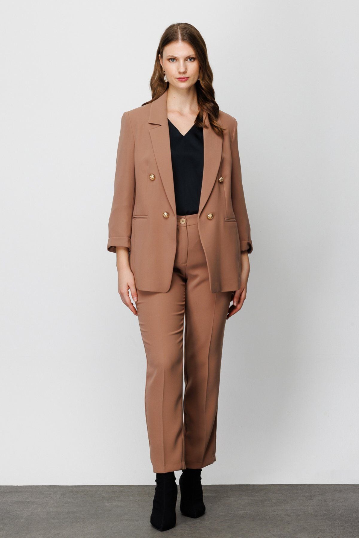Ekol Minimalist 3/4 Kol Çift Düğmeli Kadın Blazer Ceket - Günlük & Ofis