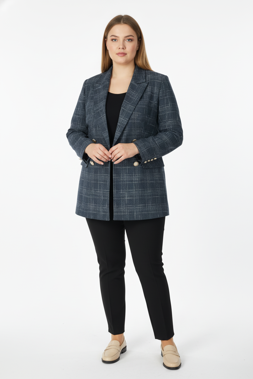 Ekol Kadın Blazer Ceket Çentikli Yaka Kruvaze Dokuma Ekose Desenli 26KEKL05173 Main image