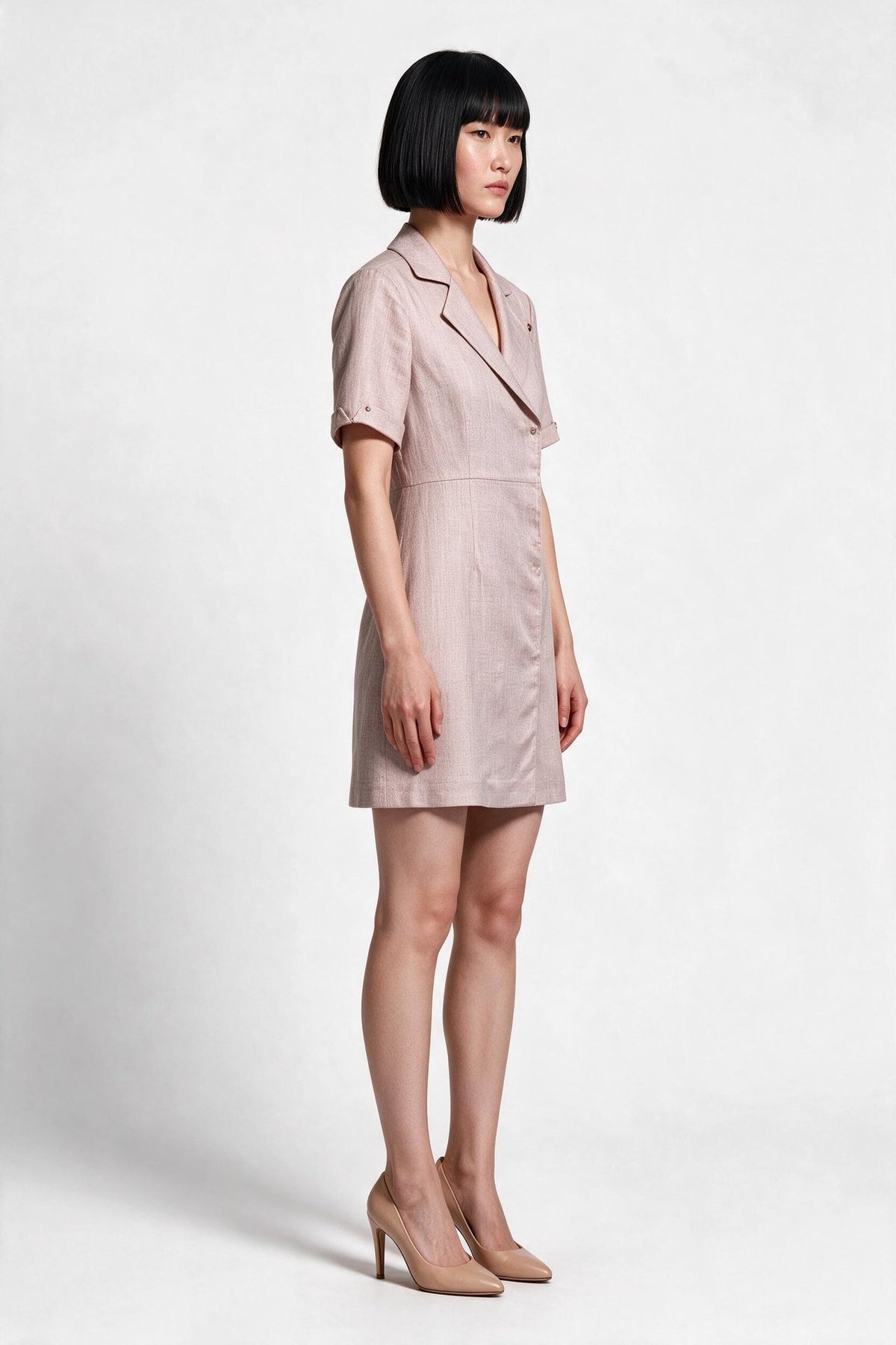 Ekol Kadın Keten Karışımlı Gömlek Yaka Kısa Kollu Normal Kesim Mini Elbise