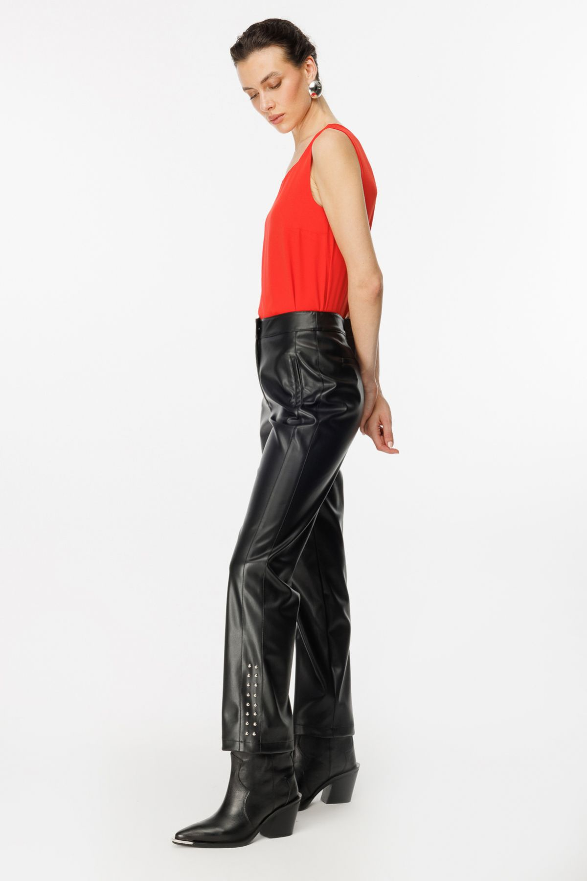 Ekol Kadın Deri Look Midi Pantolon - Minimalist Günlük Stil - Metalik Detaylar Secondary image