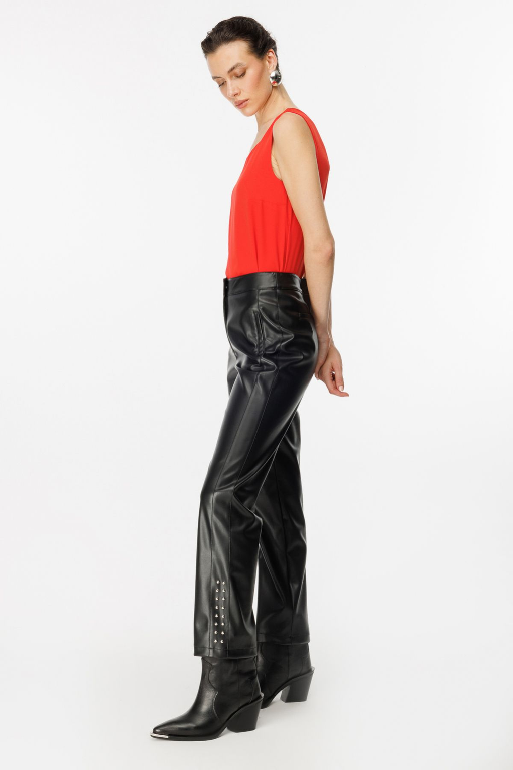 Ekol Kadın Deri Look Midi Pantolon - Minimalist Günlük Stil - Metalik Detaylar