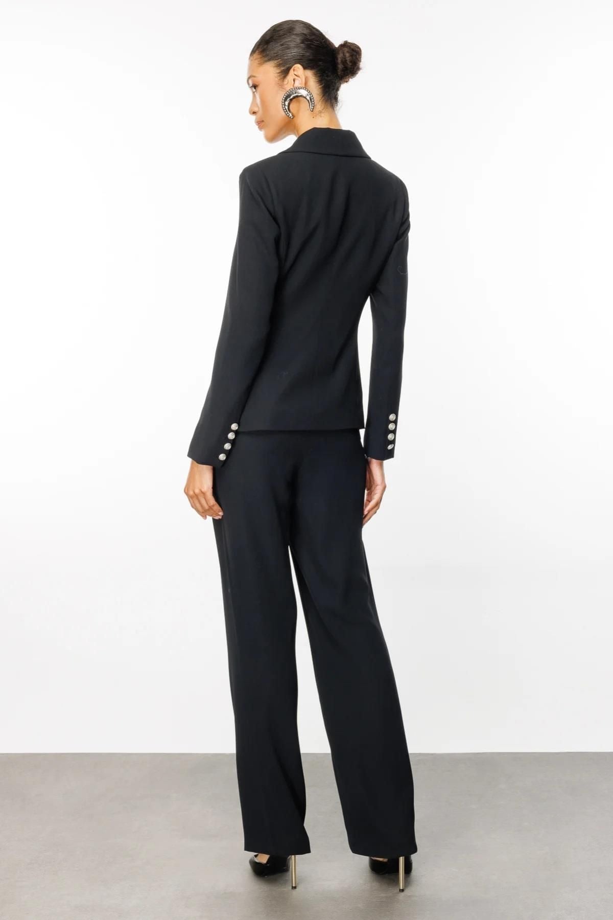 Ekol Minimalist Çift Düğmeli Uzun Kollu Kadın Blazer Ceket - İş & Günlük