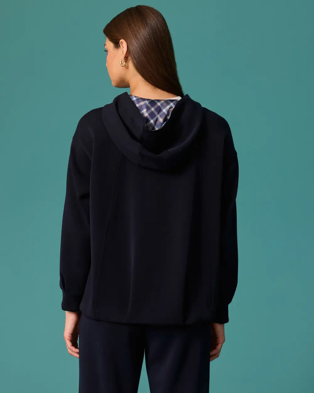 Ekose Fular Detaylı Kapüşonlu Fermuarlı Sweatshirt SCL