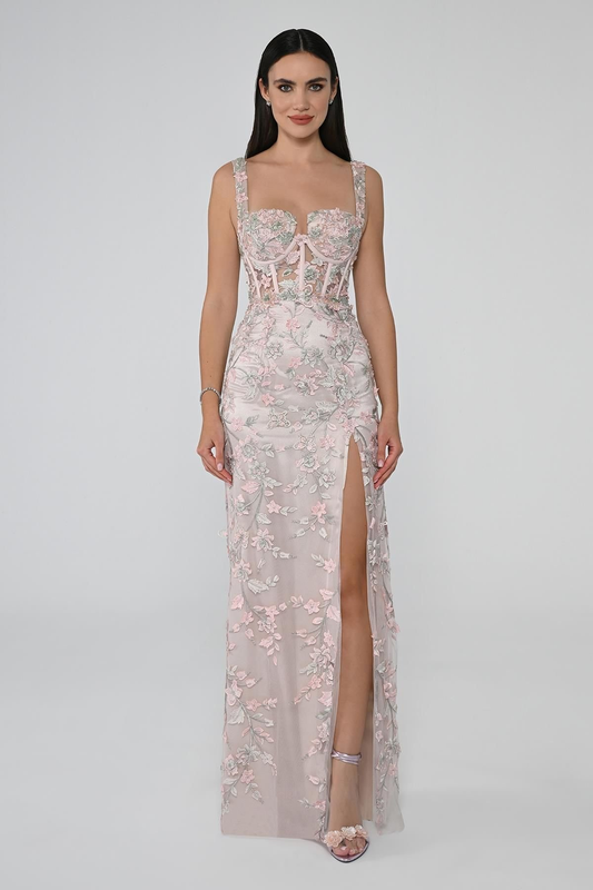 Strappy Evening Dress with Transparent Waist and Slit - Alfa Beta