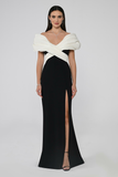 Alfa Beta Off-Shoulder Front Slit Crepe Long Evening Dress