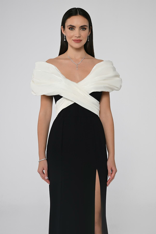 Alfa Beta Off-Shoulder Front Slit Crepe Long Evening Dress