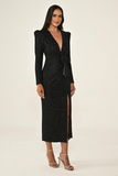 Long-Sleeved Deep V-Neck Padded Slit Sequin Midi Dress Alfa Beta