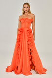Strapless Ruffled Double Slit Chiffon Long Evening Dress Alfabeta