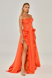 Strapless Ruffled Double Slit Chiffon Long Evening Dress Alfabeta