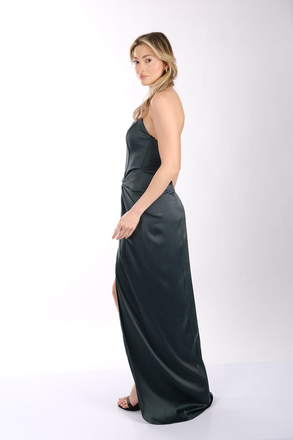 DORİDORCA Straplez Önden Yırtmaçlı Saten Abiye Elbise