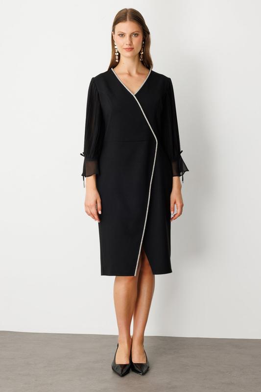 Ekol Midi Dress with Striped Stone Detail and Tulle Sleeves