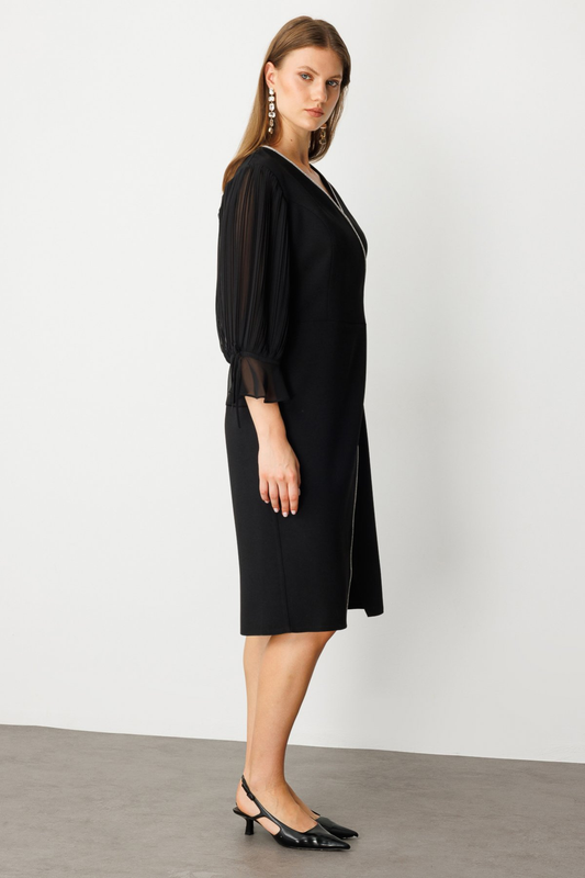 Ekol Midi Dress with Striped Stone Detail and Tulle Sleeves