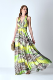 Patterned Satin Maxi Dress with Gold Stone Embellished Waistband (Explosion)