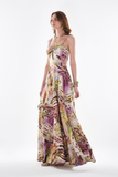 Patterned Thick Satin Maxi Evening Dress with Chain Detail - Explosion