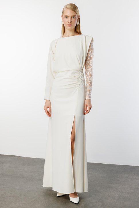 Dantel Kol Krep Yırtmaçlı Elbise Nefeli