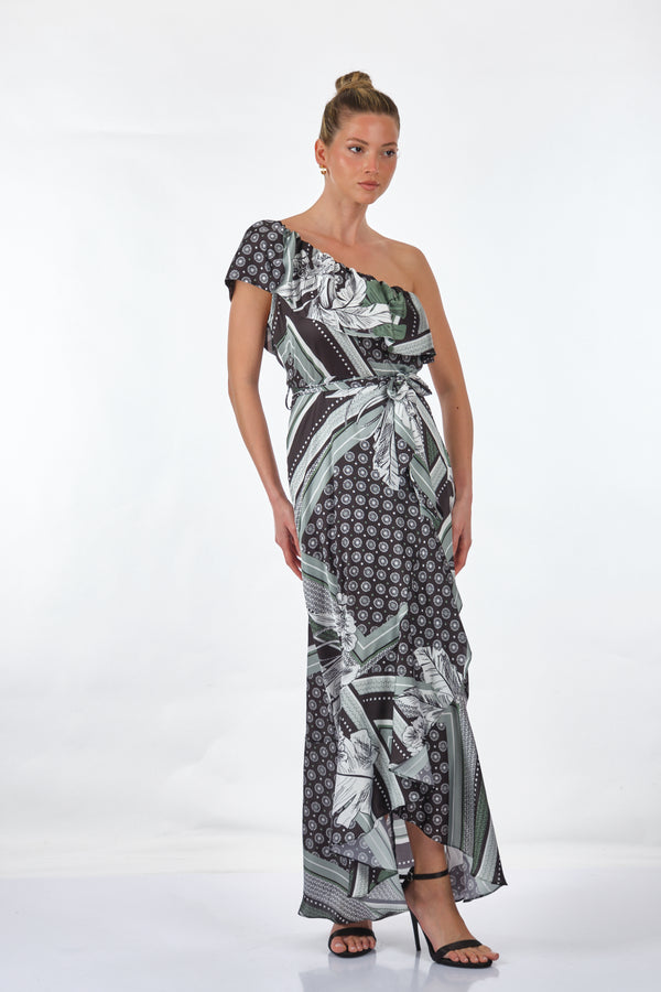 Ysatis Tek Omuz Midi Desenli Saten Elbise - Bohemian Stil