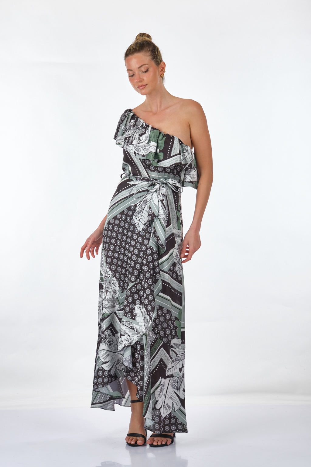 Ysatis Tek Omuz Midi Desenli Saten Elbise - Bohemian Stil