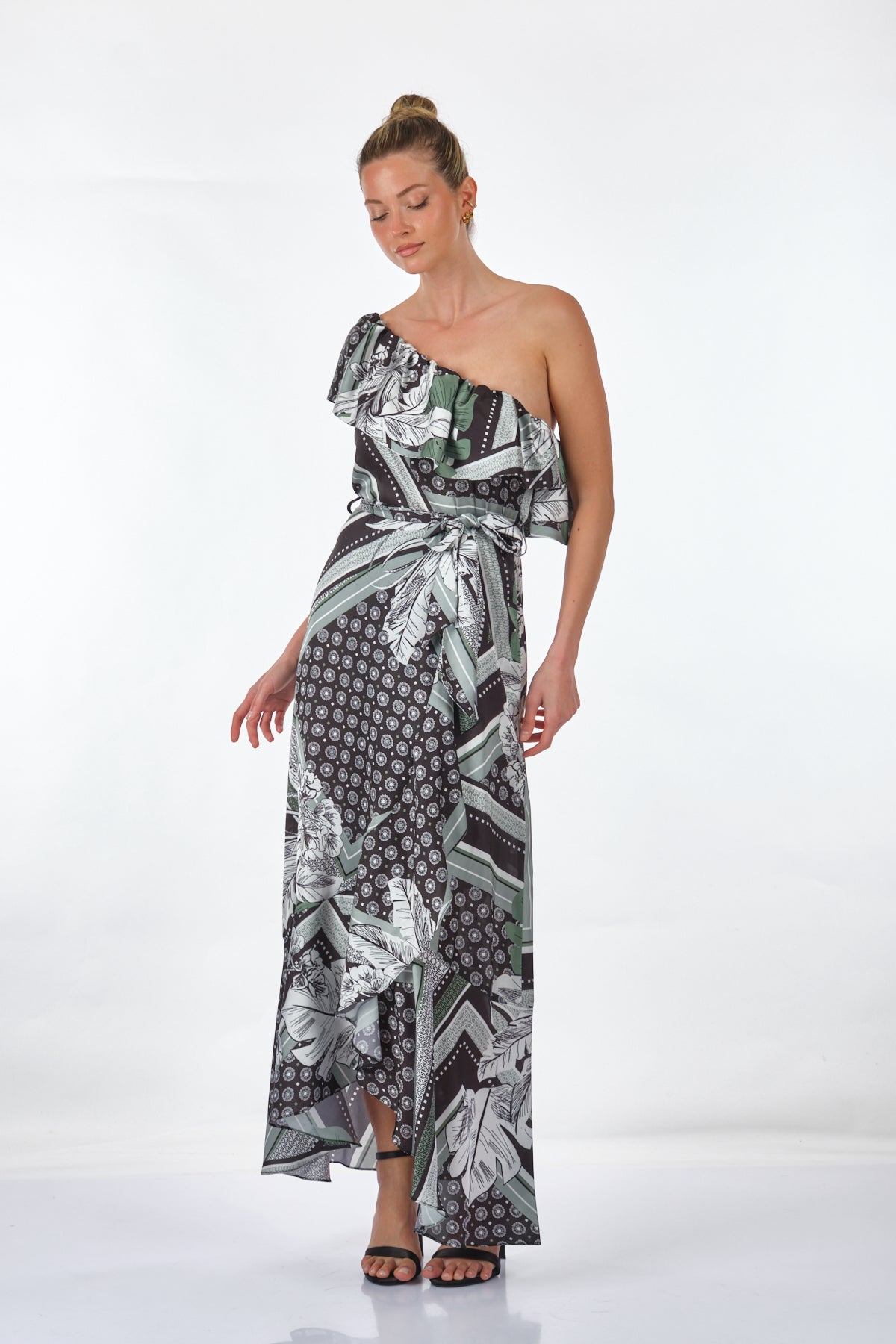 Ysatis Tek Omuz Midi Desenli Saten Elbise - Bohemian Stil