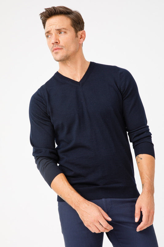 Erkek Basic V Yaka İnce Triko Kazak Desen