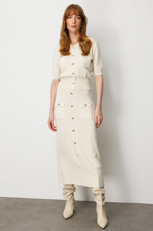 Midi Knit Skirt with Ten Decorative Buttons