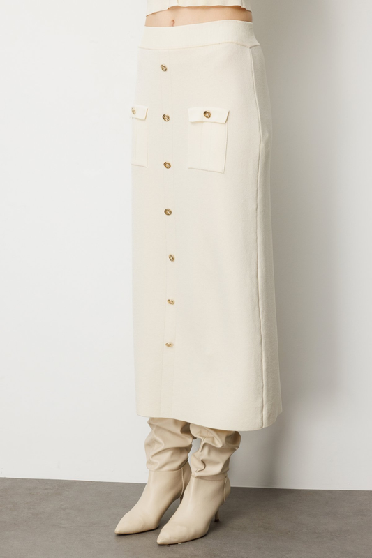Midi Knit Skirt with Ten Decorative Buttons