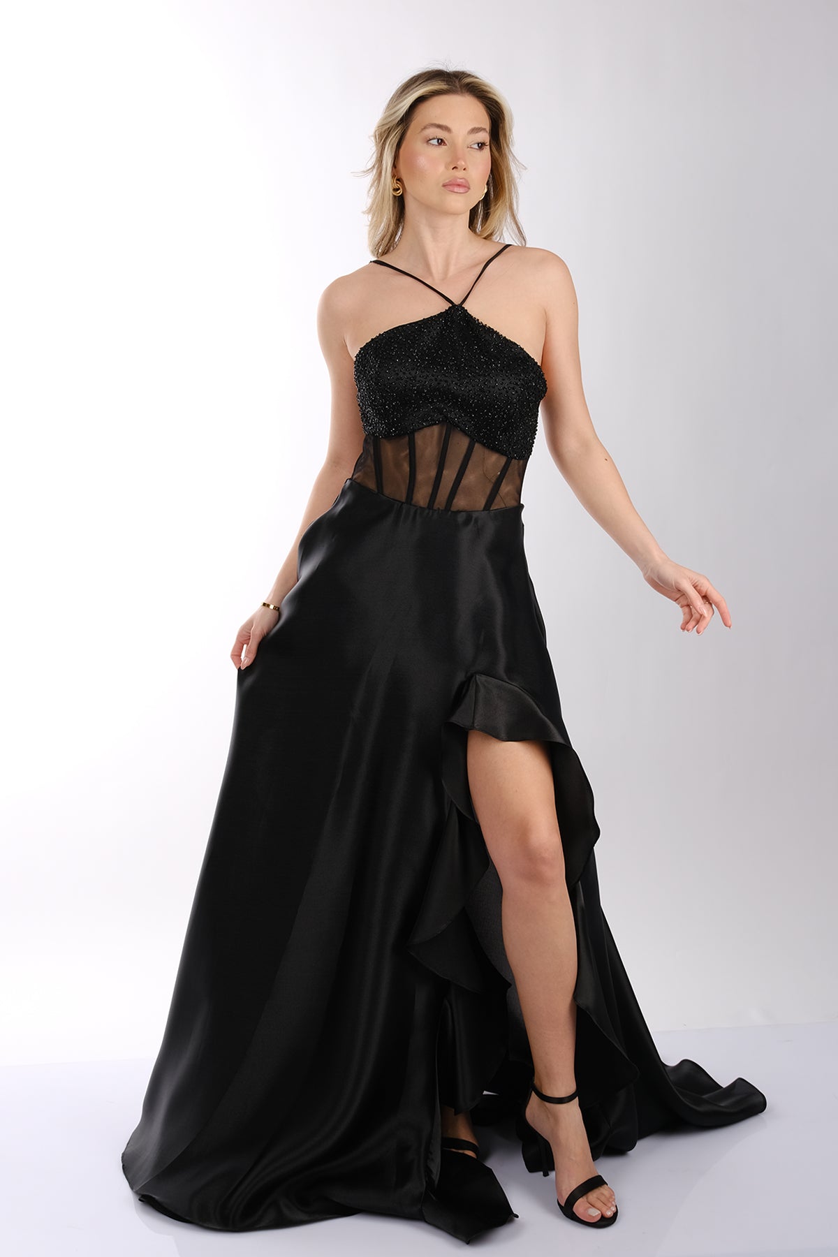 Explosion Asimetrik Yaka Maxi Saten Abiye Elbise - Özel Günler İçin