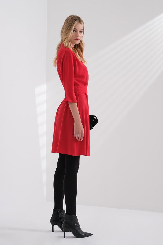 Explosion Minimalist Midi Abiye Elbise - 3/4 Kol, Kemerli, Günlük & Ofis