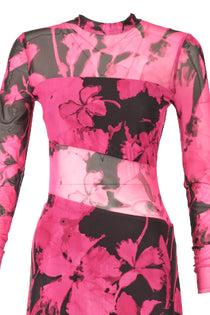 Explosion Uzun Kol Midi Şeffaf Elbise - Çiçek Desenli - Bohemian Stil
