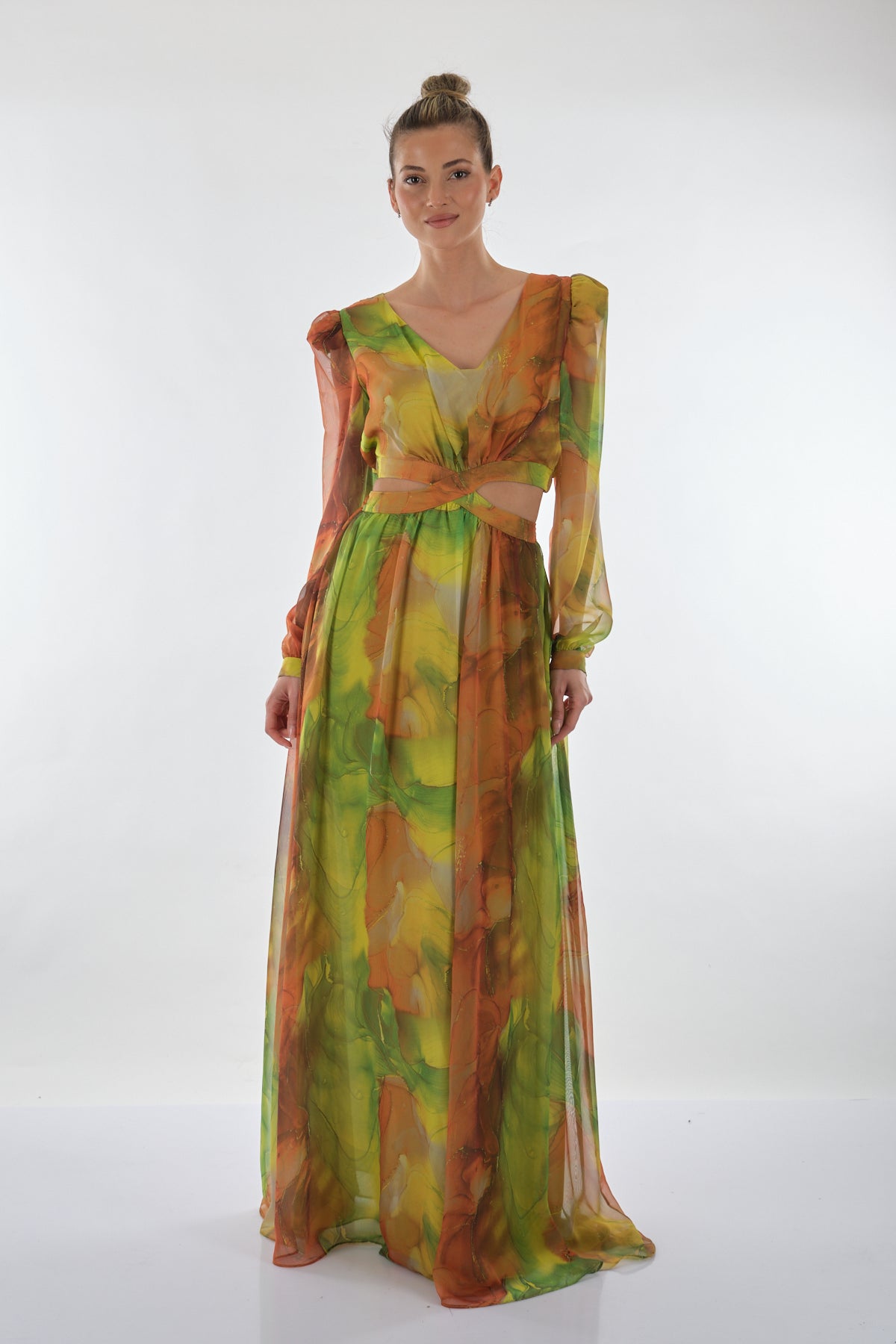 Explosion V Yaka Uzun Kol Maxi Şifon Elbise - Bohemian Stil Main image