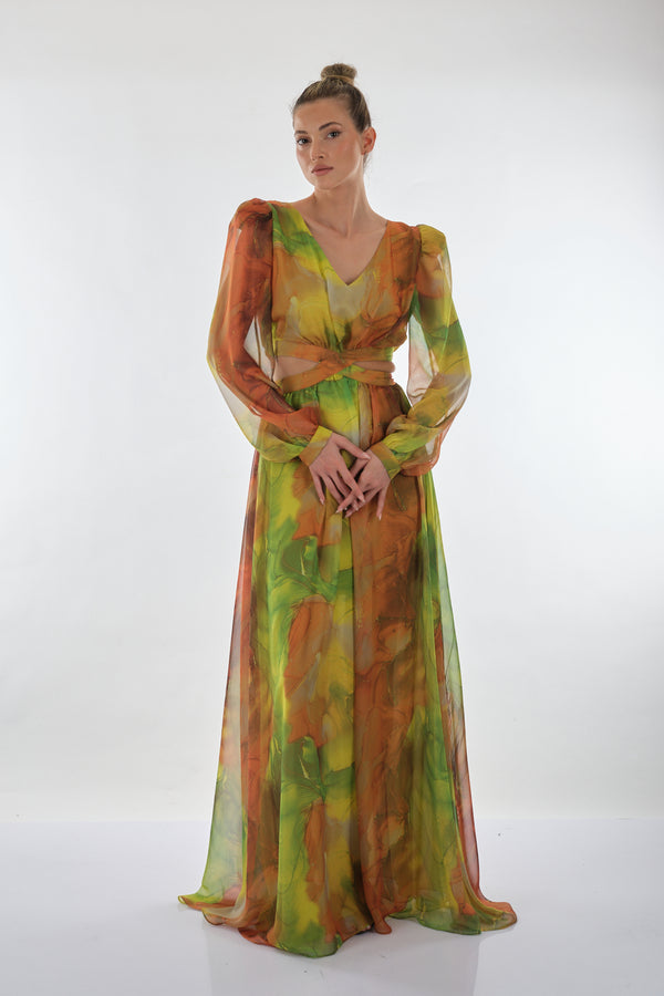 Explosion V Yaka Uzun Kol Maxi Şifon Elbise - Bohemian Stil