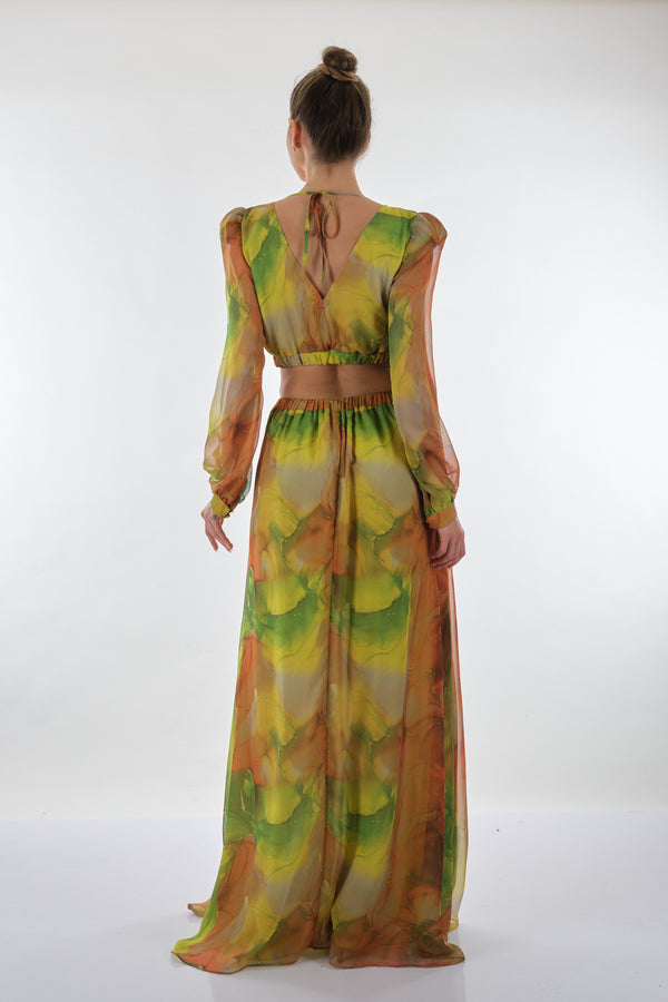 Explosion V Yaka Uzun Kol Maxi Şifon Elbise - Bohemian Stil