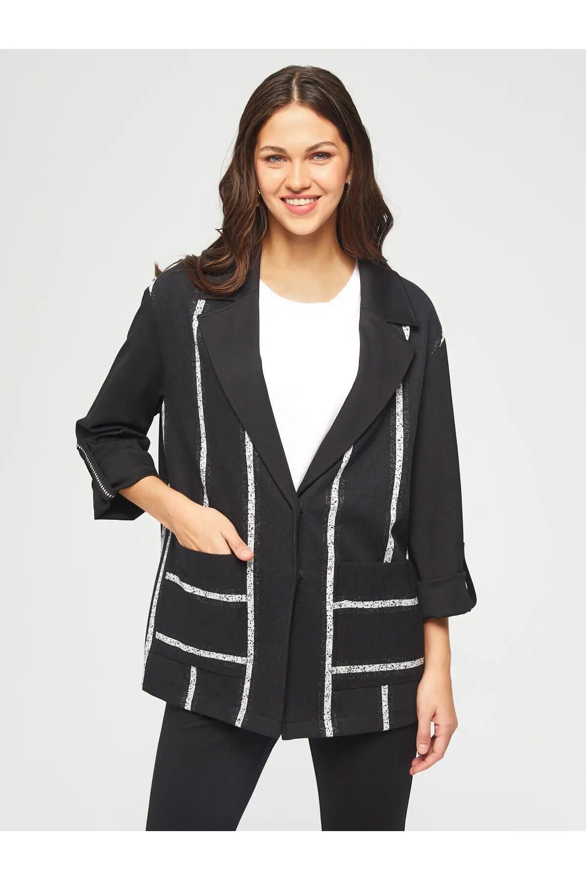 Faik Sönmez Oversize Çizgili 3/4 Kol Minimalist Kadın Ceket - Günlük & İş Main image