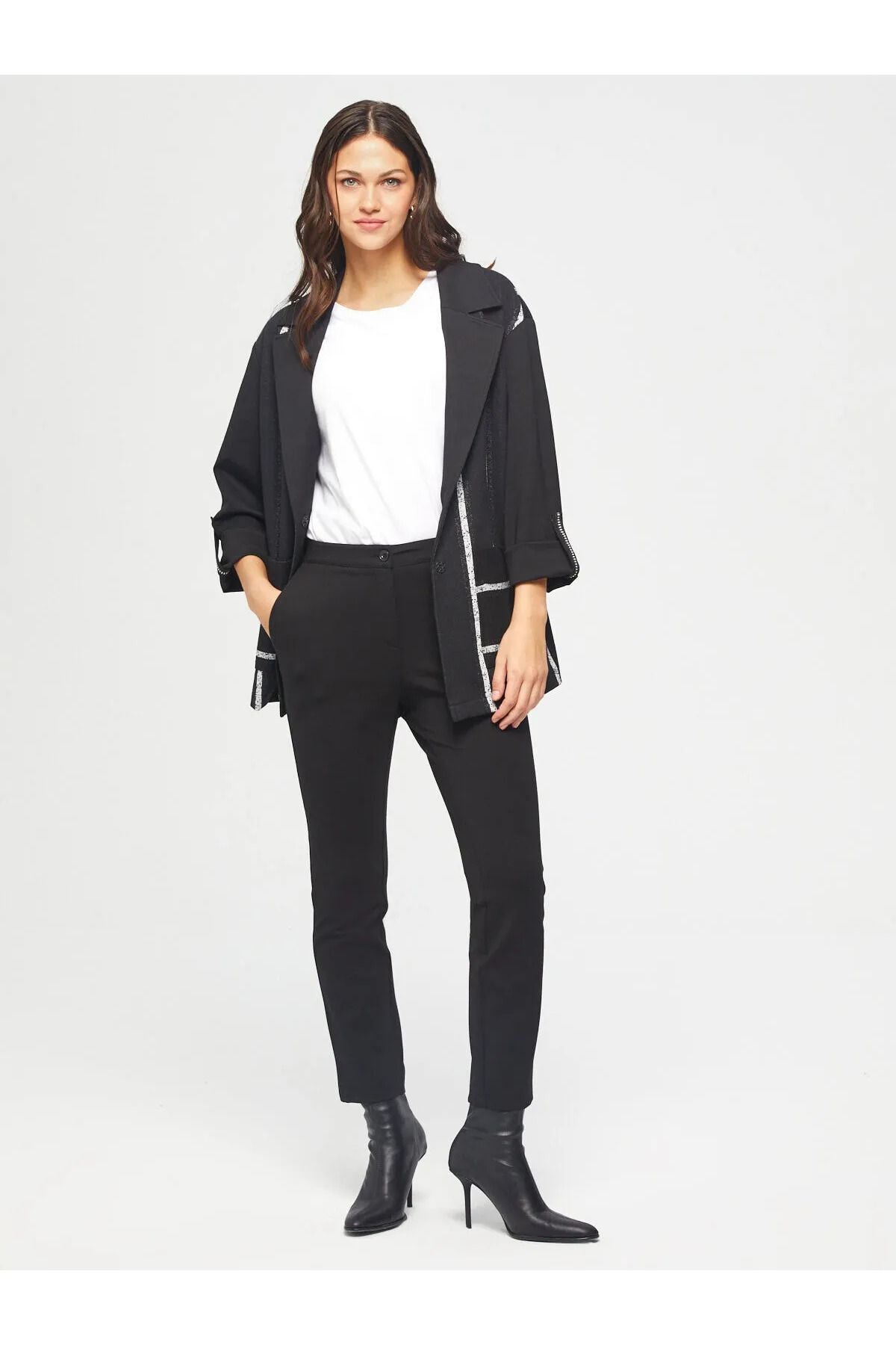 Faik Sönmez Oversize Çizgili 3/4 Kol Minimalist Kadın Ceket - Günlük & İş Secondary image